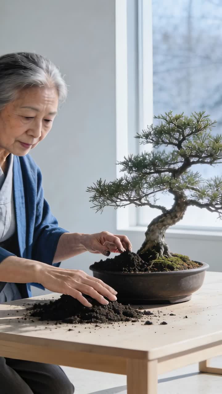 Video verticale: Donna anziana che, vedendo un mucchio di terriccio, rabbocca un vaso di bonsai a un tavolo vicino alla finestra in kimono