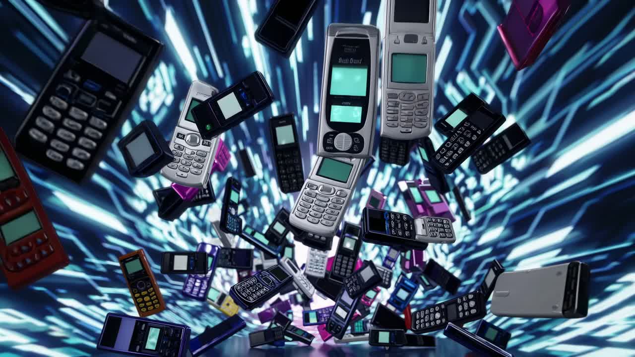 Dynamic sequence of mobile phones cascading through a vibrant digital tunnel, showcasing the evolution of technology and communication in a captivating motion display