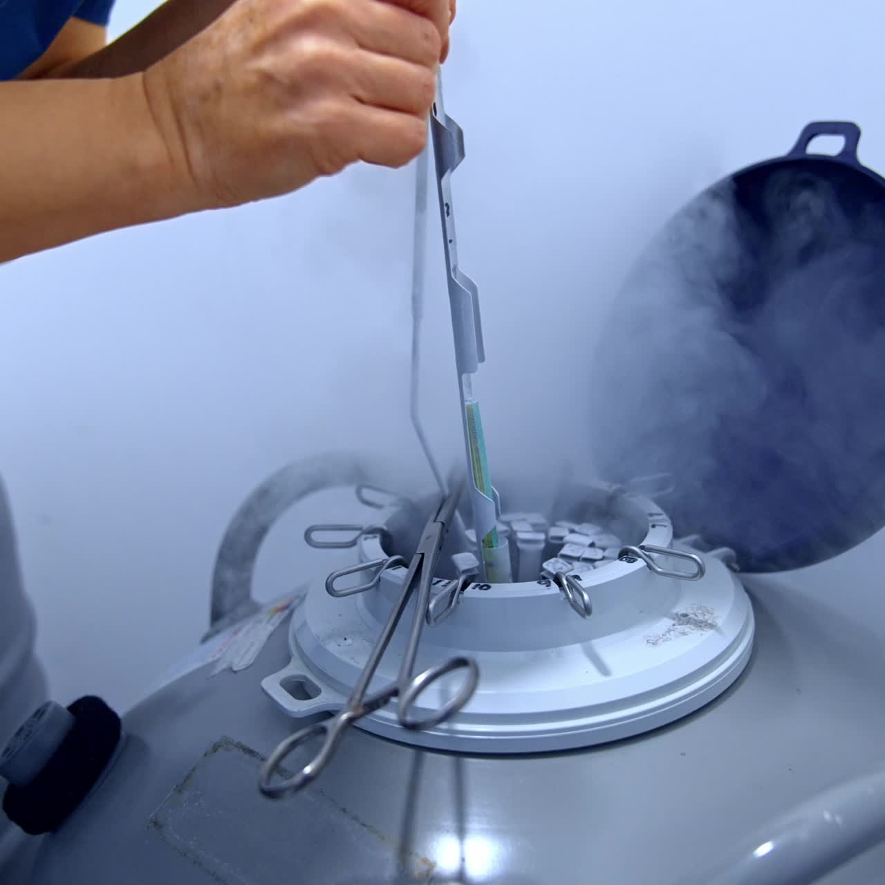 Female laboratory medic extracting the samples from the reservoir with liquid nitrogen. Equipment and materials for IVF