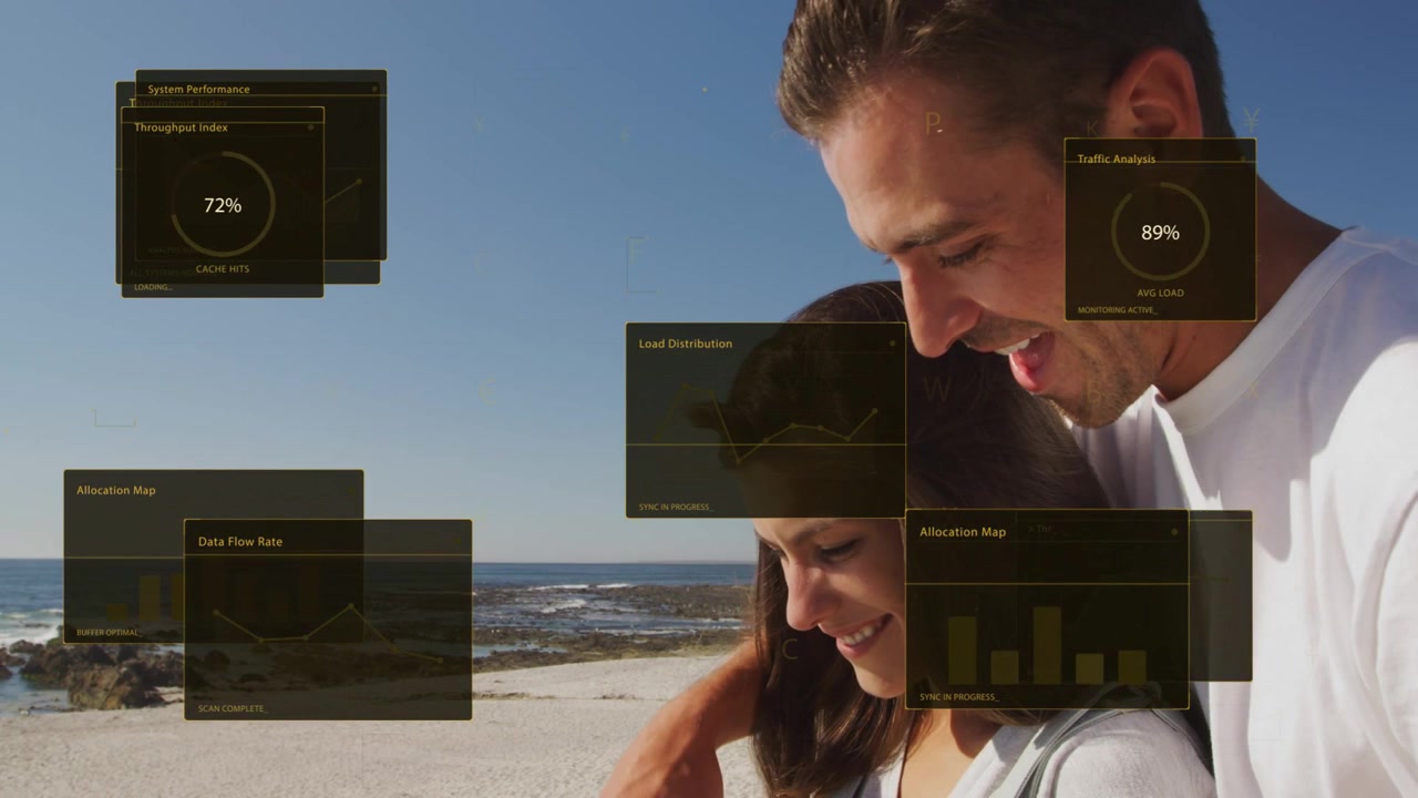 Woman extending smartphone and man leaning on beach, previewing post analytics with chart panels