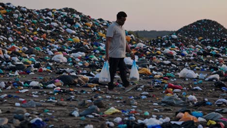 waste picker trudging through sprawling landfill during golden sunset, searching and collecting recyclable materials amid environmental challenges of informal waste management