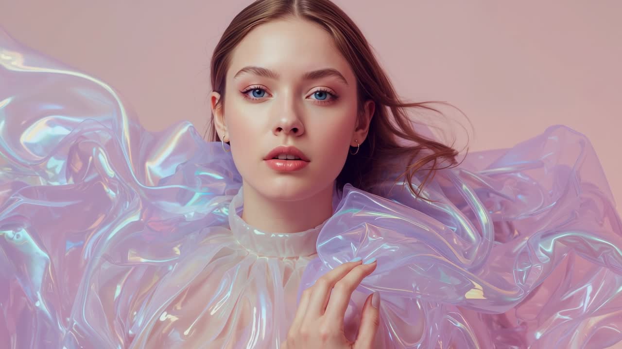 금색 후프가 있는 핑크색 스튜디오에서 텍스처를 보여주는 주름 장식 상의를 모델이 조정하는 모습을 카메라가 줌인해요