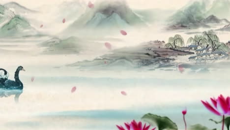 Mysterious-landscape-China's-traditional-Oriental-Digital-Art-animation,-Chinese-retro-painting-ink-misty-mountain-with-flowers,-tree,-birds,-river-in-fog-background