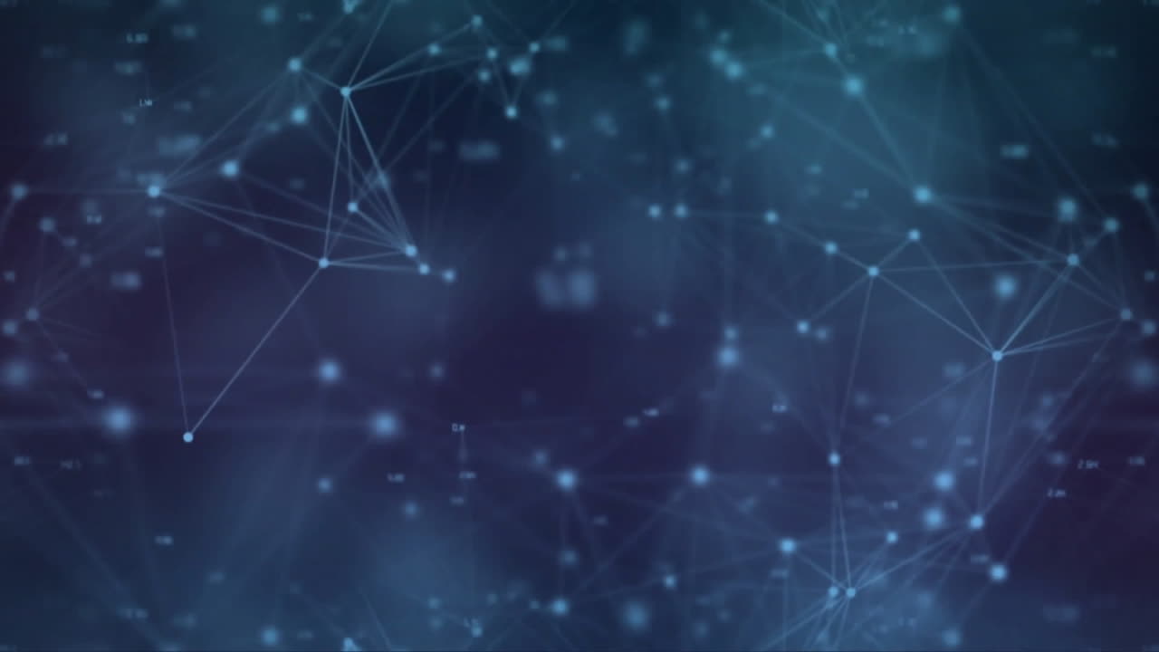 animación de la red de conexiones y procesamiento de datos sobre fondo azul