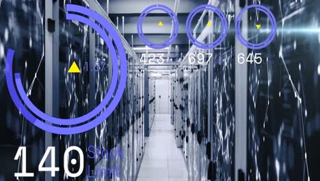 animation of stock market data processing and network of connections against computer server room