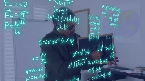 animation of data processing over biracial male teacher on video call