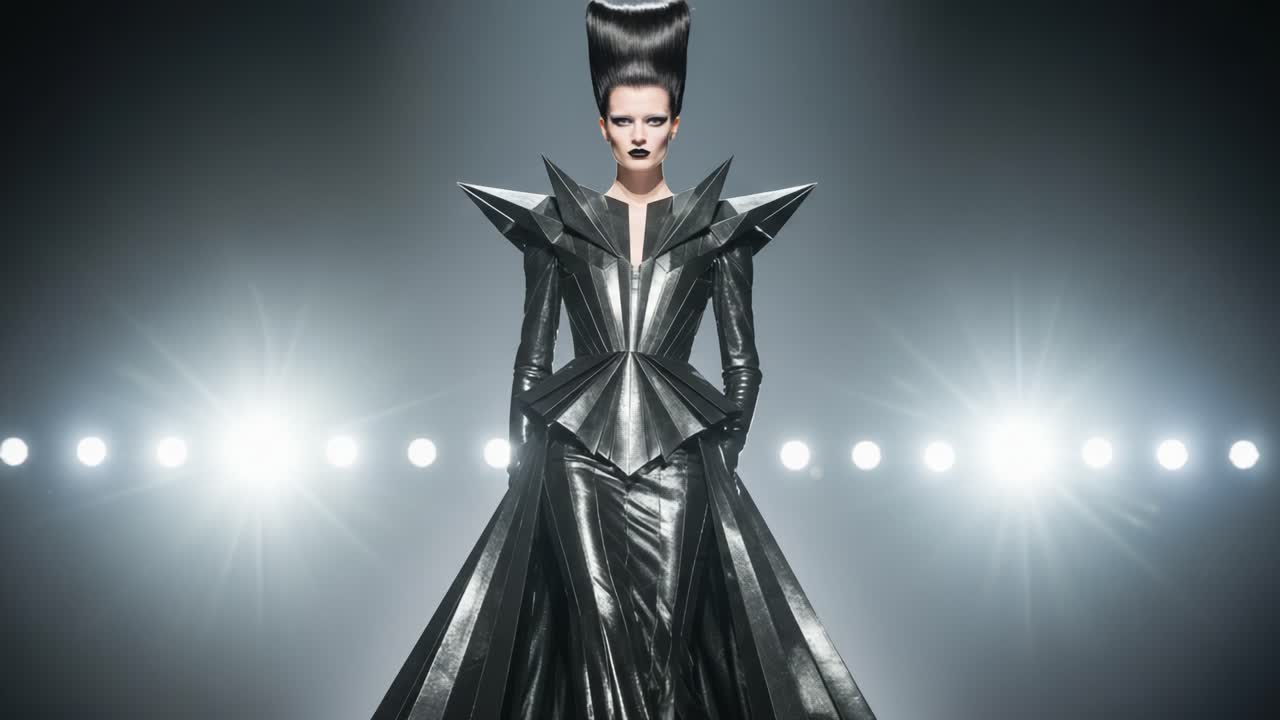 A Striking Fashion Showcase Featuring a Model in an Edgy, Futuristic Black Gown with Dramatic Silhouettes and Bold Styling on a Bright Stage