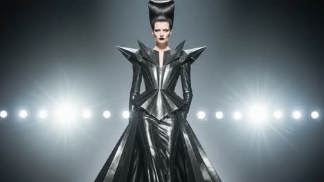 a striking fashion showcase featuring a model in an edgy, futuristic black gown with dramatic silhouettes and bold styling on a bright stage