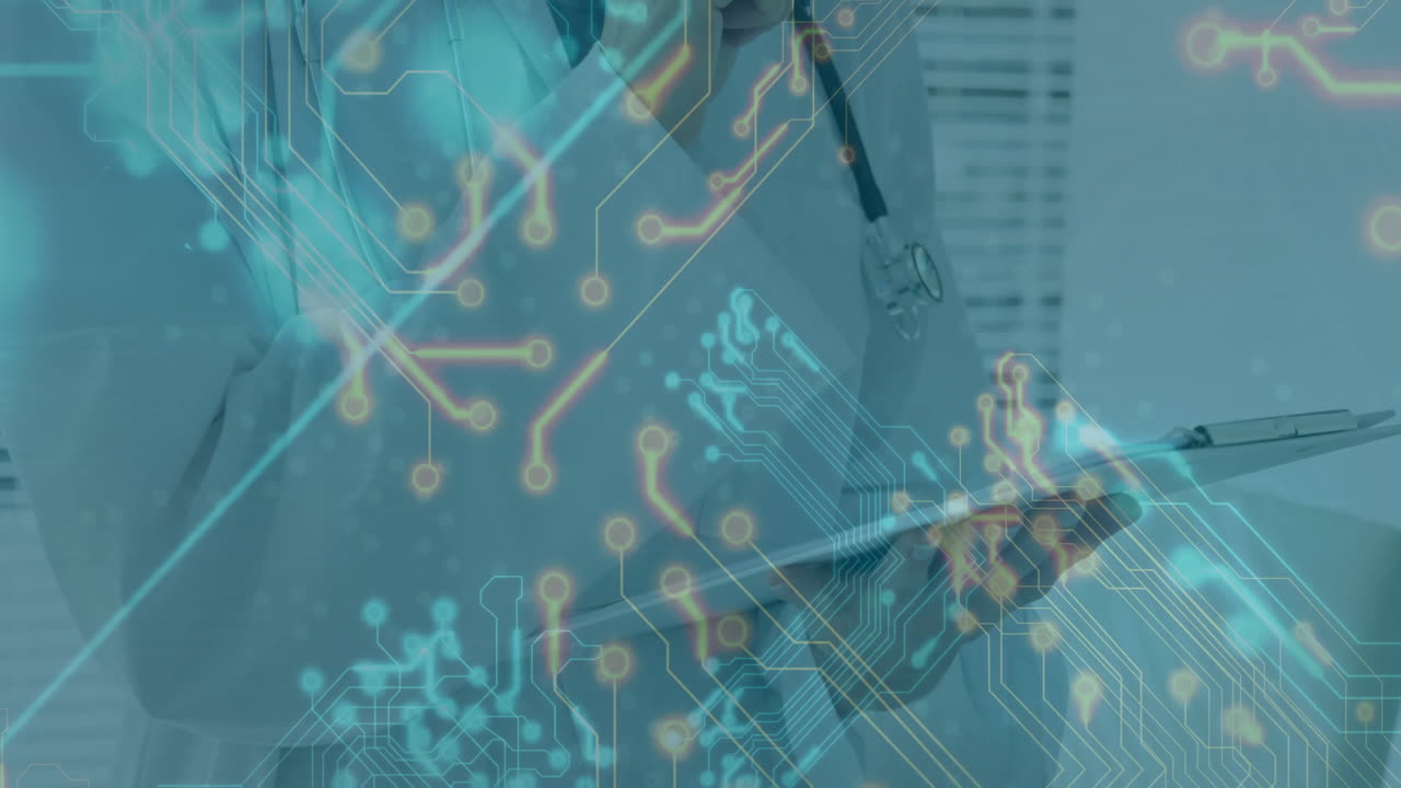 Female doctor holding tablet in medical clinic, displaying glowing circuit patterns and data nodes