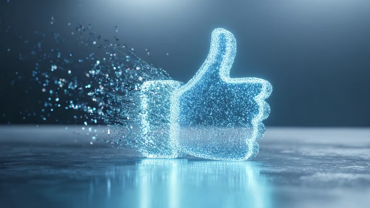 A mesmerizing digital representation of approval, the animated thumbs-up symbol shimmers and disperses into sparkling particles, illustrating the concept of positive feedback in a modern tech context