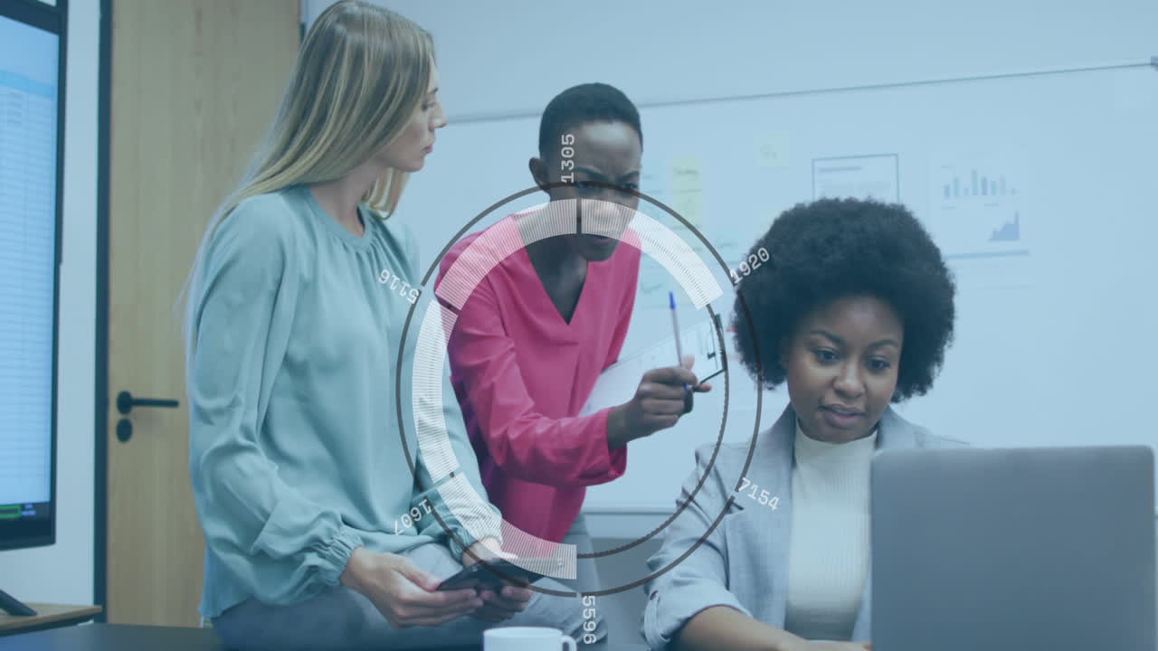 Animation of financial data processing over diverse business people