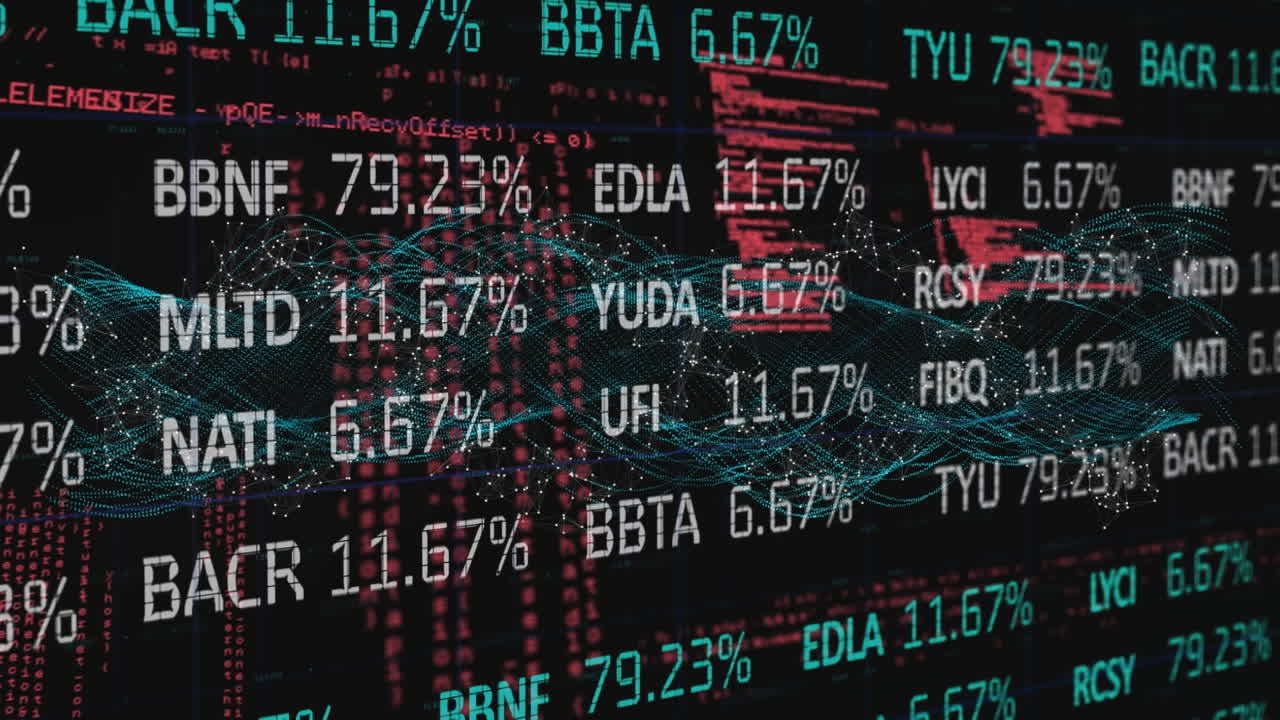 Animation of trading board over dna helix pattern and programming language on black background