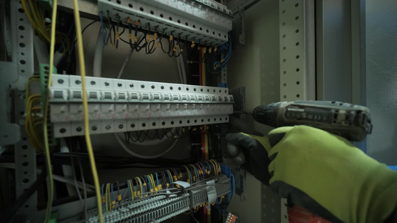 electricista trabajando en interruptores dentro del panel de control