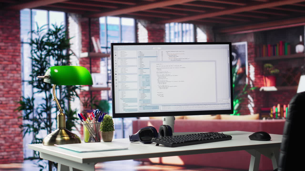 Vertical Video Empty desktop monitor used for software development and coding