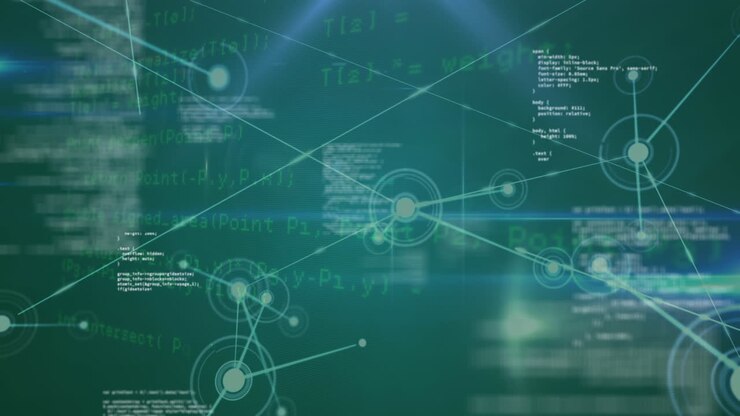 Animation of network of connections, data processing and blue light spot on green background