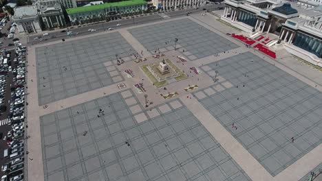Sukhbaatar square from side view aerial drone shot. Sunny afternoon