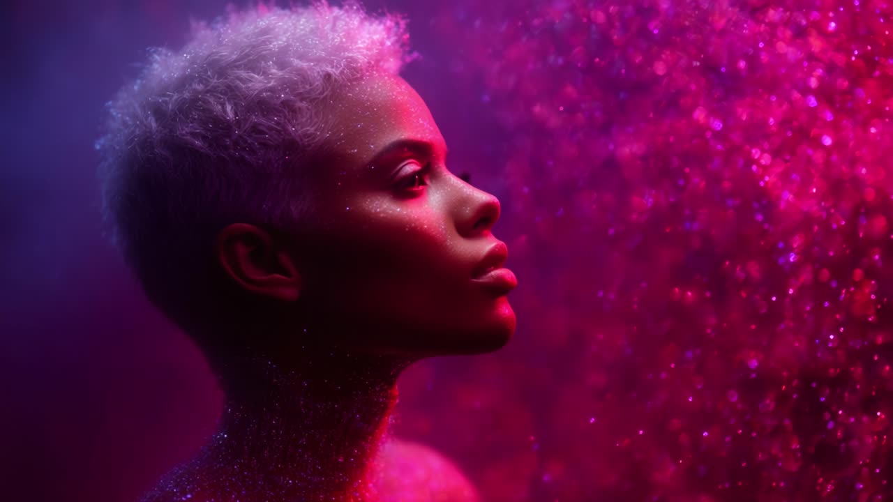 A Stunning Portrait of a Young Woman with Short Hair Under Glowing Particles in a Vibrant Multicolored Atmosphere, Capturing the Essence of Beauty and Mystery