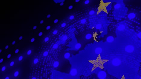 animación del mapa de europa, la bandera de la unión europea y los números procesados sobre círculos azules