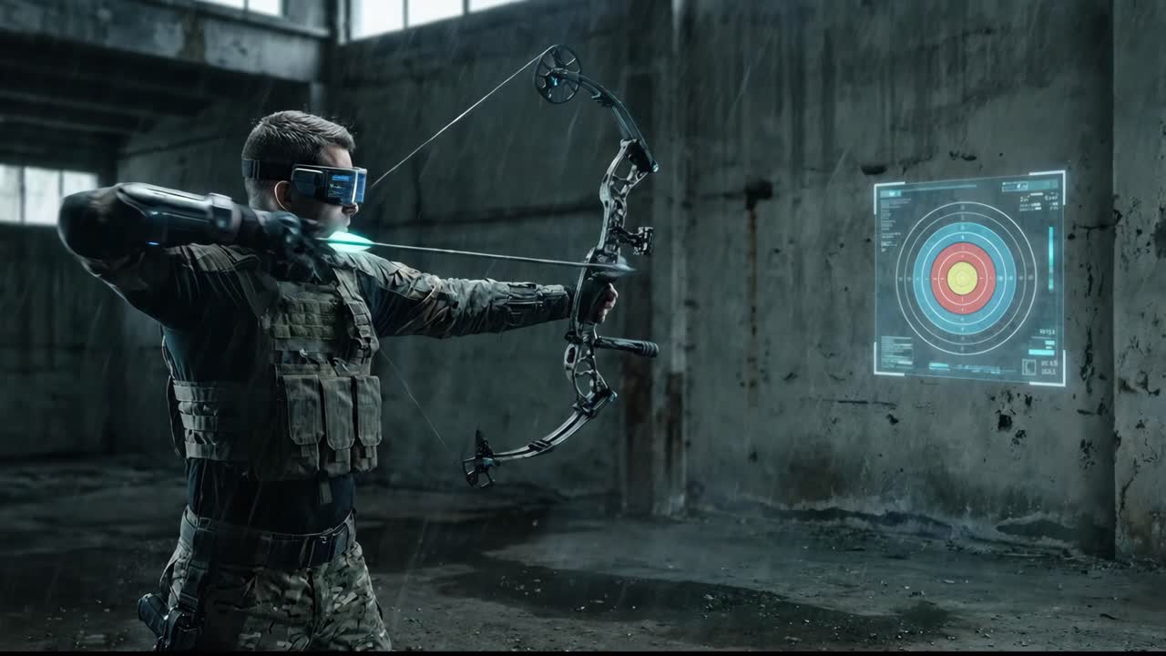 Futuristic Archer in VR Goggles Shoots Glowing Arrow at Holographic Target