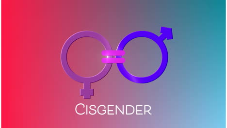 animation of cisgender text banner and symbol against red and blue gradient background