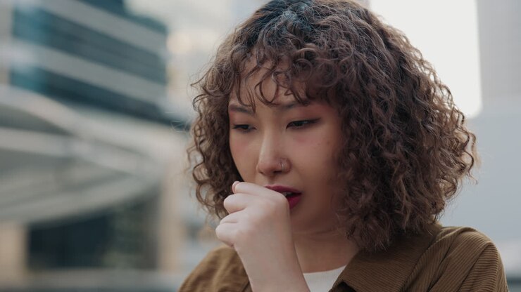Woman Coughing Outdoors