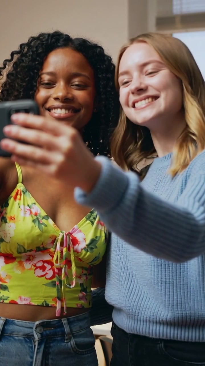 Holding phone, two women leaning and smiling at home, wearing jeans and blue sweater, window blinds