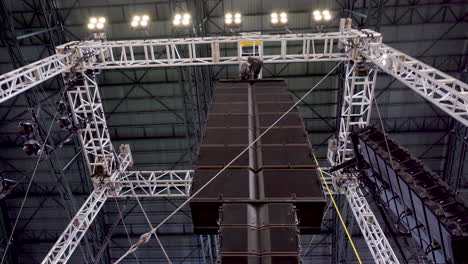 large professional concert speakers for a live presentation in a indoor stadium for music