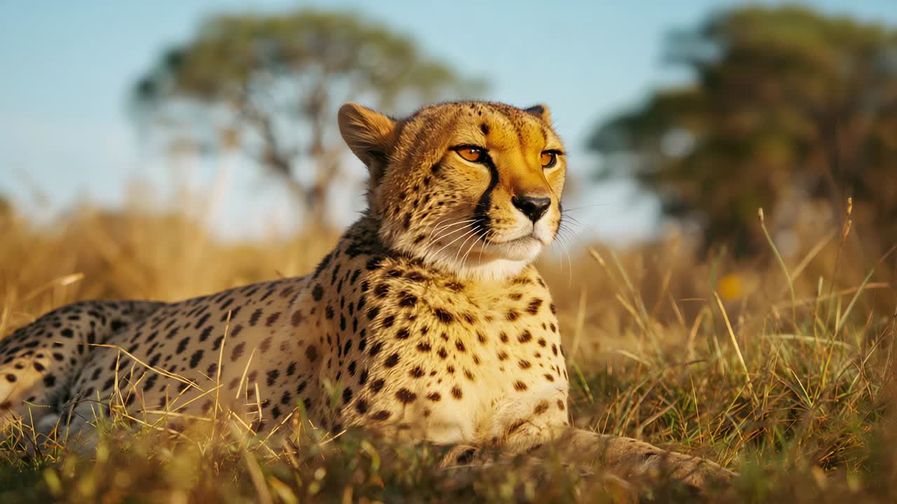 Scanning solitary adult cheetah raising head, turning gaze in dry savannah grass, with acacia trees
