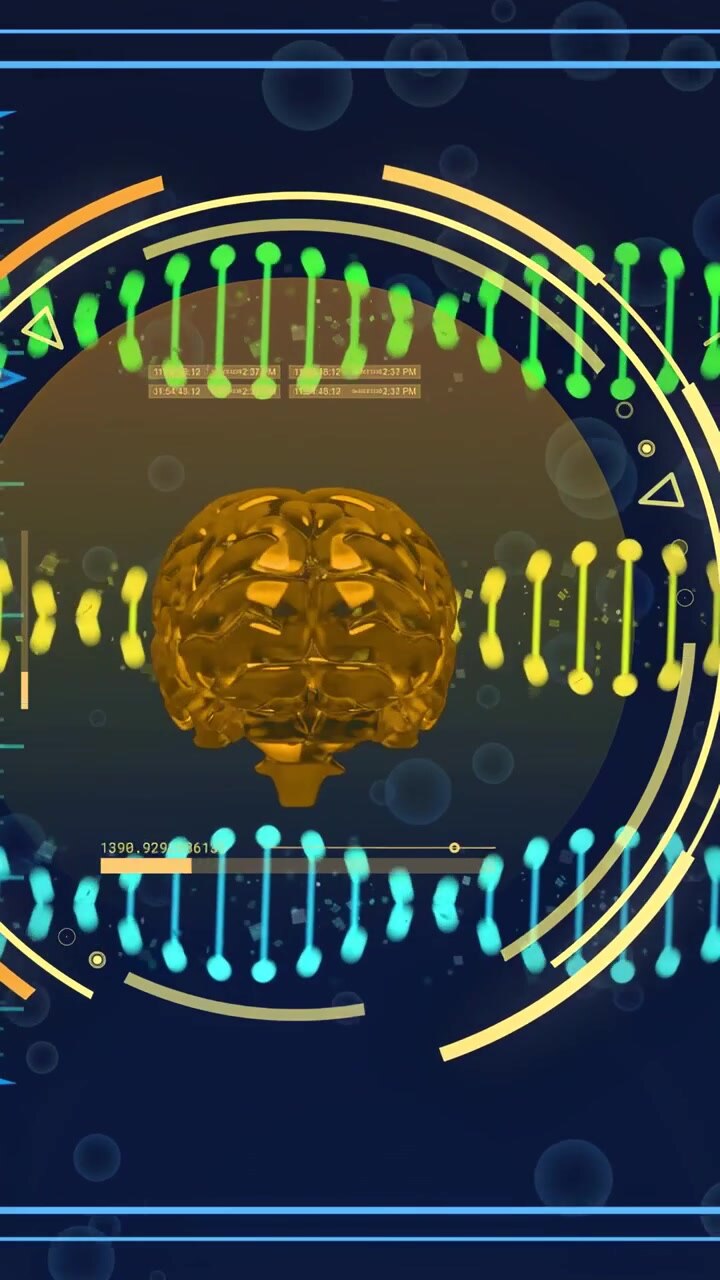 Vertical video: Green pulse starting golden brain hologram rotating pulsing HUD rings for insight