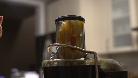 fruits in juicer close-up and person pressing fruits into electric juicer - male caucasian hand pushing fruits down into electric juicer home kitchen appliance to make healthy fresh fruit juice