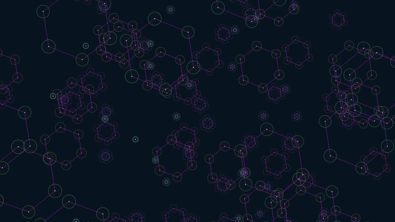 Hexagonal network vibrant purple and green shapes connected by lines
