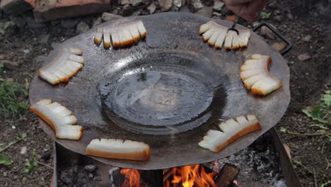 Person-Positioniert-Geräuchertes-Schweinefett,-Szalonna,-Am-Rand-Der-Grillscheibe-über-Dem-Feuer