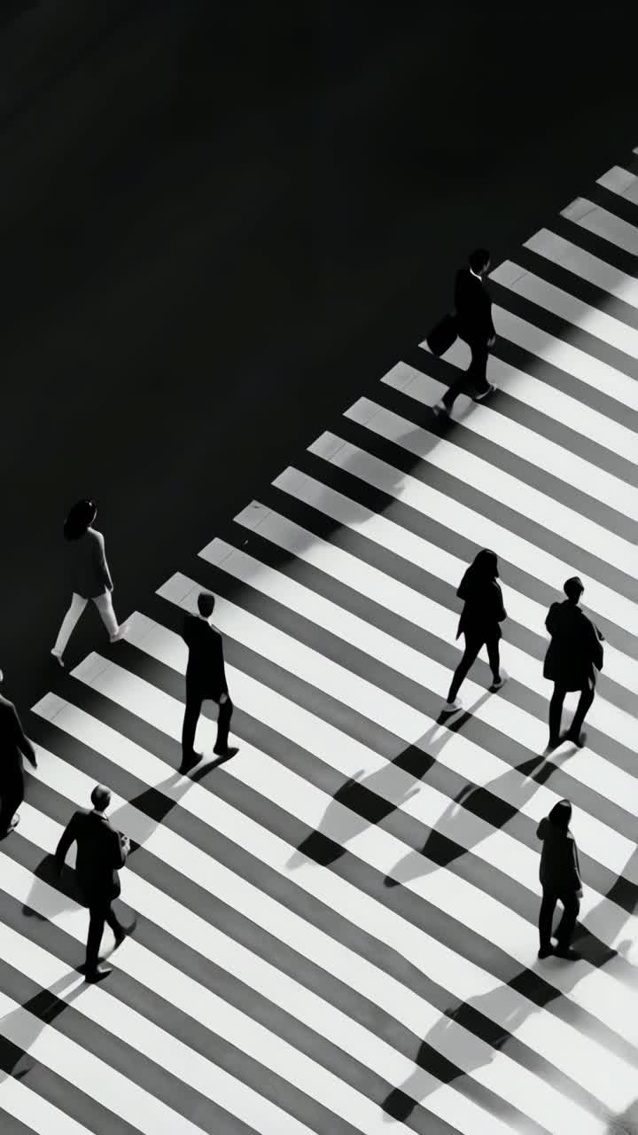 Aerial view of people crossing a zebra crosswalk, casting long shadows