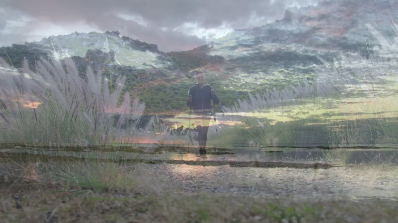 Woman using hiking poles walking along gravel path, with floating health graph over sunset sky