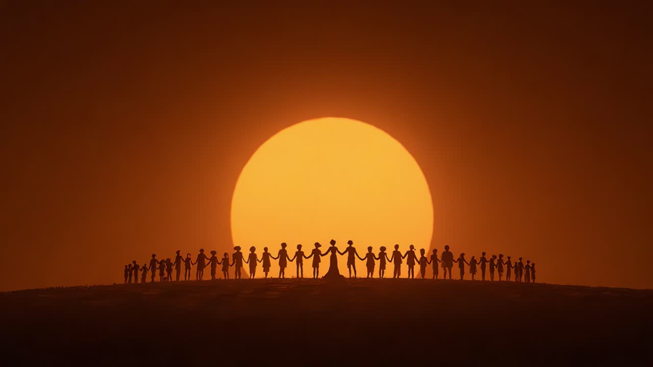 A Unified Circle of Hope: Silhouetted Figures Holding Hands Against a Majestic Sunset, Symbolizing Togetherness and Harmony in a Vibrant Landscape