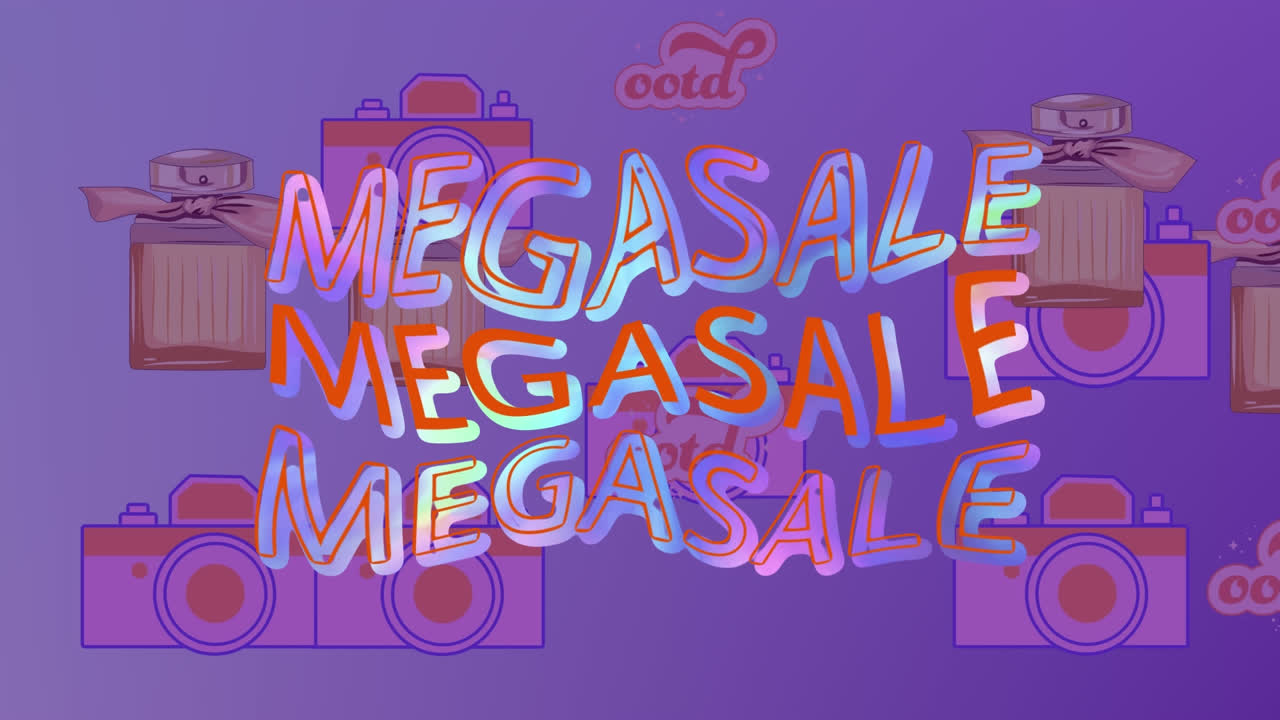 보라색 배경에 판매 텍스트와 패션 아이콘의 애니메이션