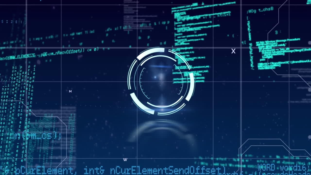 Animation of neon round scanner and data processing against blue background