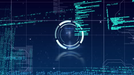 animación del escáner redondo de neón y procesamiento de datos contra un fondo azul