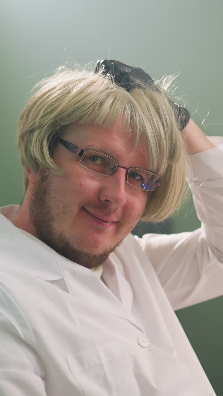 백색 실험실 코트와 금발 가발을 입은 기술자가 현미경 에 실험실에 앉아있는 동안 검은 장갑을 입은 손으로 머리를 장난스럽게 고 있는 근접한 모습