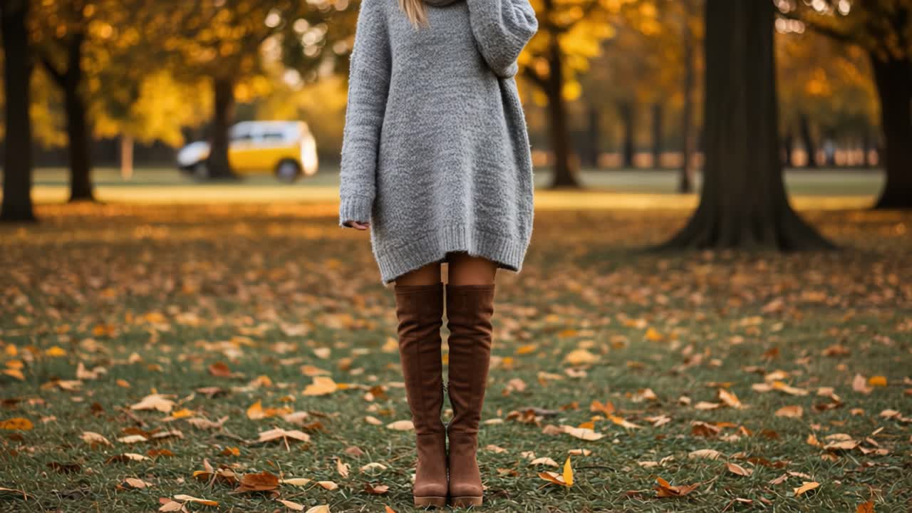 A cozy autumn scene featuring a woman in a stylish oversized sweater and tall boots, surrounded by vibrant fall leaves in a serene park setting.