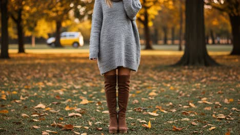 a cozy autumn scene featuring a woman in a stylish oversized sweater and tall boots, surrounded by vibrant fall leaves in a serene park setting.