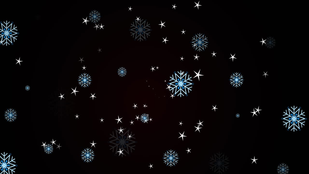 Animation of snowflakes and stars floating against black background with copy space