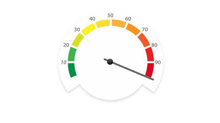 Speedometer, meter with graduated scale indicating the percentage. Animated illustration