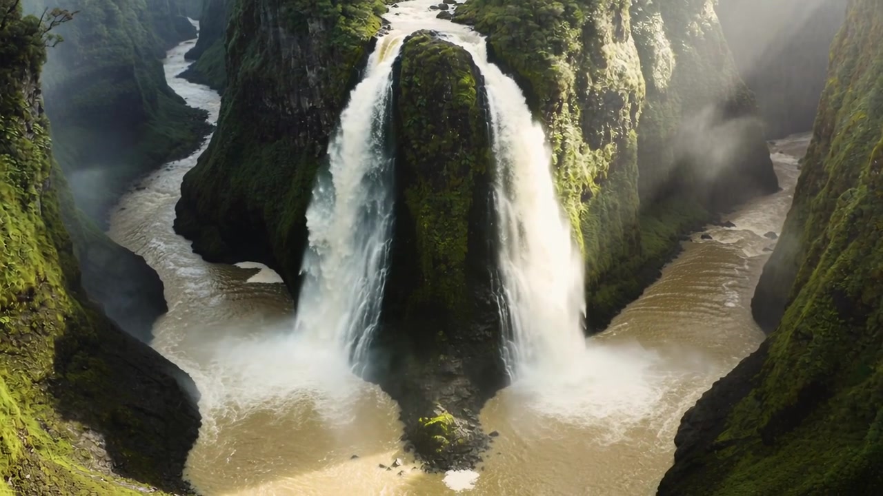 Fiume che si divide attorno a un pilastro di roccia causando due cascate gemelle che scendono, con la nebbia che riempie la pozza in una gola illuminata dal sole.