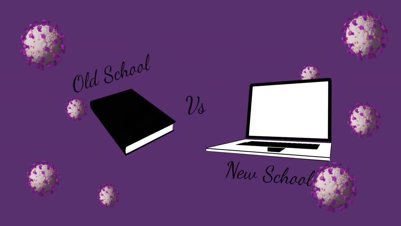 Animation of covid 19 cells and school text over laptop and book on purple background