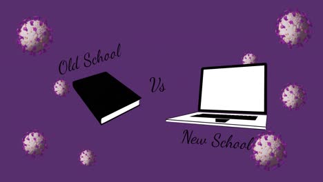 Animation-of-covid-19-cells-and-school-text-over-laptop-and-book-on-purple-background