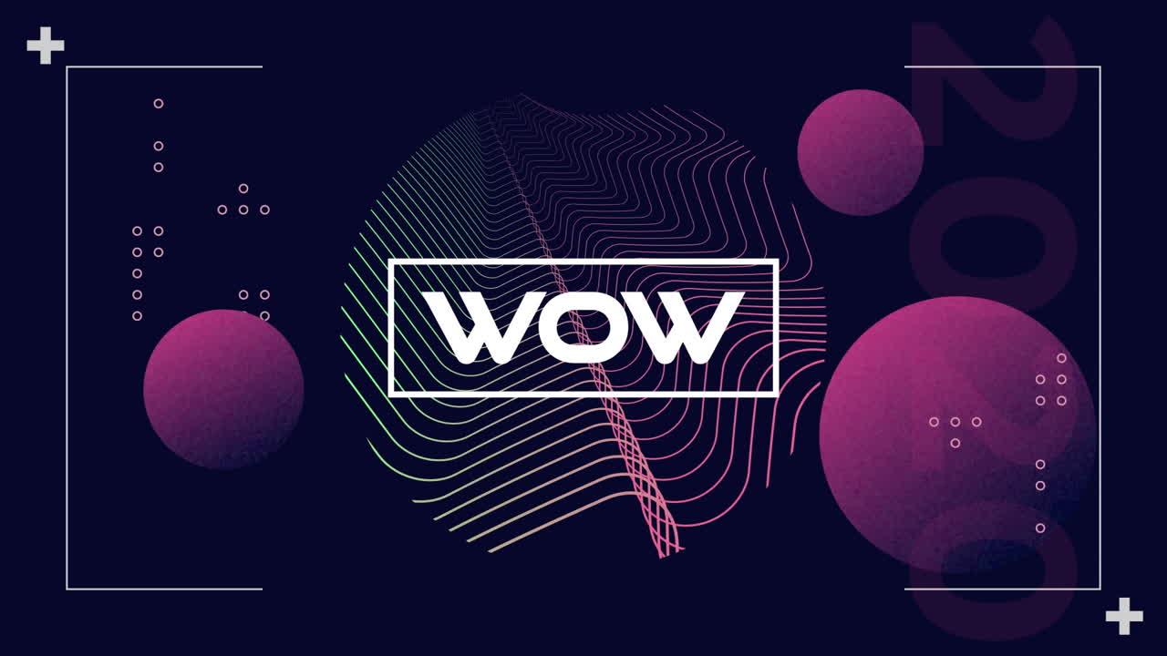 Animazione del testo "wow" su forme geometriche in movimento