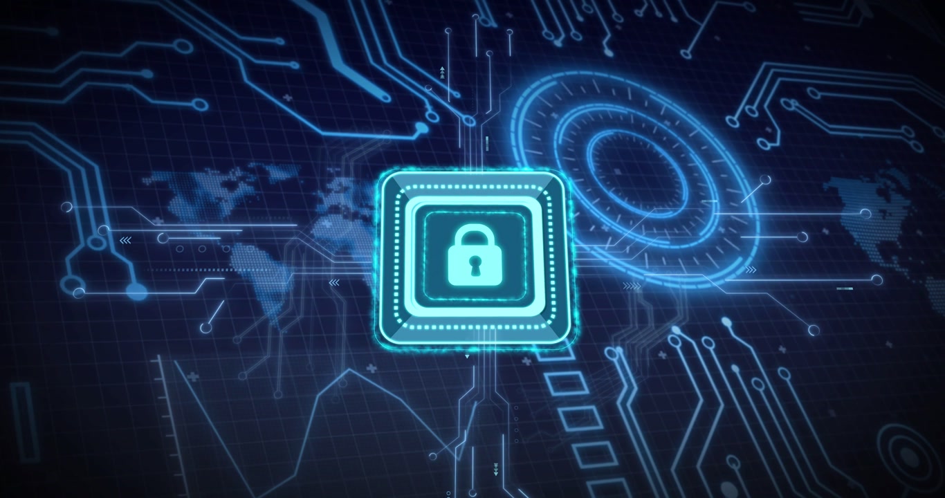 Booting, turquoise padlock module pulsing over circuitry, lighting dial, securing network