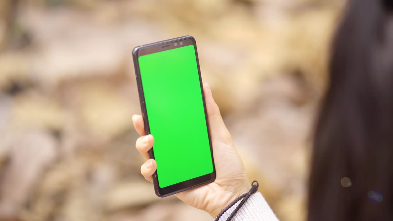 mano sostiene teléfono móvil con pantalla vacía en el parque