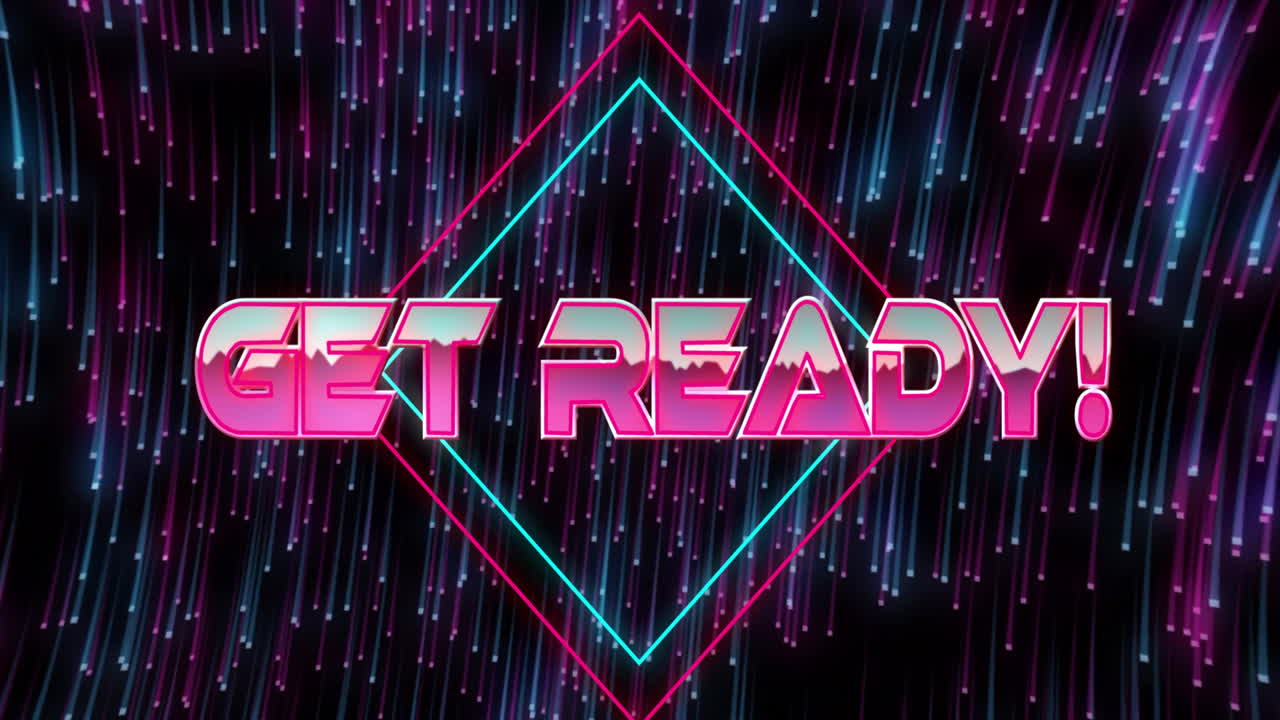 Animation with neon colors text Get Ready over digital rain and geometric shapes